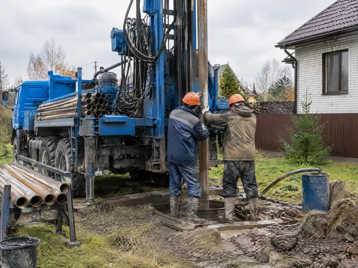 Буровая установка и монтаж обсадной трубы на участке рядом с домом