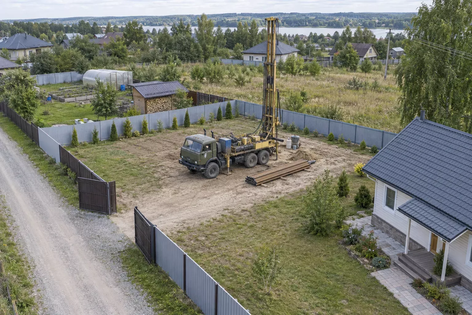 Схема участка: ворота и проезд слева, буровая установка на площадке в центре, дом справа, провода и ветки в стороне от мачты